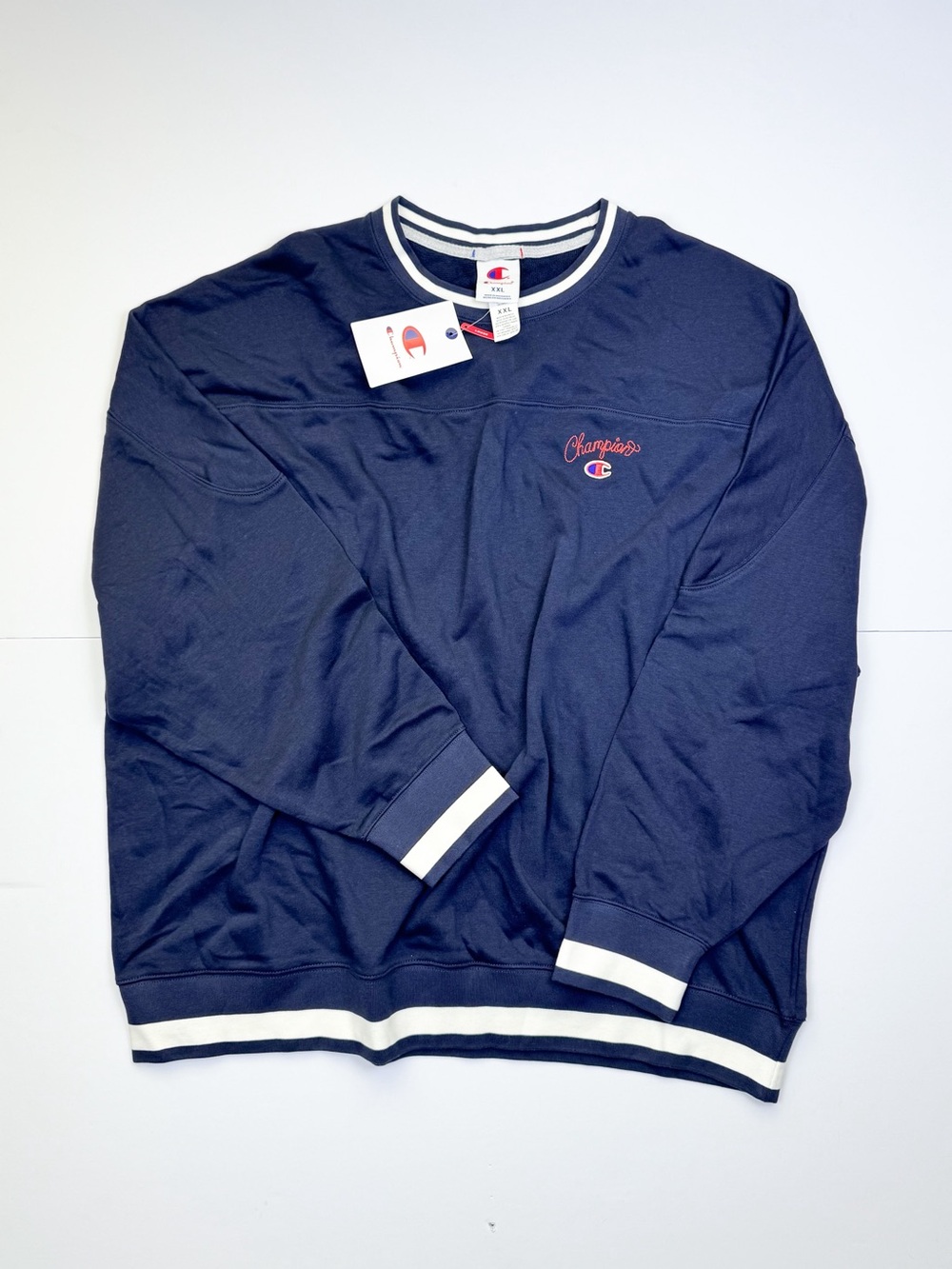 Champion Navy Crewneck Sweatshirt with White Stripe Trim
